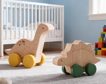 Coches de juguete de dinosaurio de madera personalizados, juguetes de empuje de madera natural Montessori, regalo para bebé, juguetes de dinosaurio ecológicos para niños pequeños, regalo del día del nombre del bebé