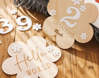 Disco de madera personalizado con forma de margarita para bebé, rastreador de crecimiento mensual, accesorio fotográfico para recién nacido, regalo para mamá, papá, bebé niña, recuerdo para baby shower