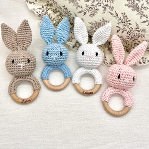 Personalized Baby Rattle, Grasping Wooden Rattle, Crochet Rattle For kids, Custom Wooden Rattle， Newborn Gift, Bunny Animal Head Rattle