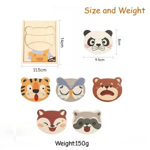 K&ouml;nnte beinhalten: Holzpuzzles mit Tiermotiven. Das Set enth&auml;lt ein b&auml;renf&ouml;rmiges Puzzle mit einem Holzrahmen von 11,5 cm x 14 cm. Einzelne Tierpuzzles umfassen einen Panda, Tiger, Eule, B&auml;r, Fuchs und Waschb&auml;r. Das Gewicht des Sets betr&auml;gt 150g.