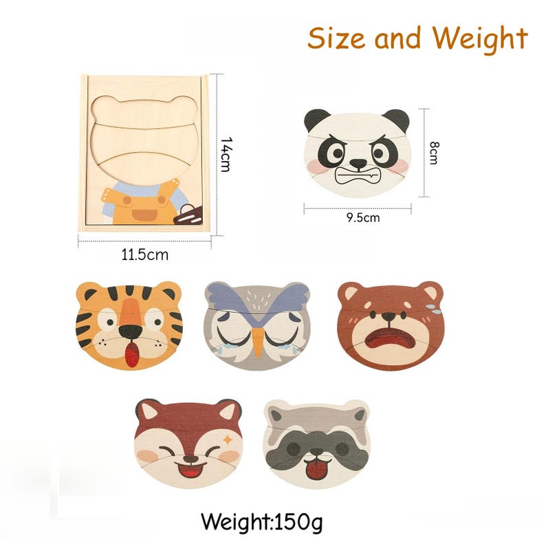K&ouml;nnte beinhalten: Holzpuzzles mit Tiermotiven. Das Set enth&auml;lt ein b&auml;renf&ouml;rmiges Puzzle mit einem Holzrahmen von 11,5 cm x 14 cm. Einzelne Tierpuzzles umfassen einen Panda, Tiger, Eule, B&auml;r, Fuchs und Waschb&auml;r. Das Gewicht des Sets betr&auml;gt 150g.