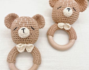 Sonajero de crochet personalizado, sonajero de animal personalizado, sonajero de madera, sonajero grabado con nombre, juguete de agarre, regalo para baby shower, regalo para recién nacidos
