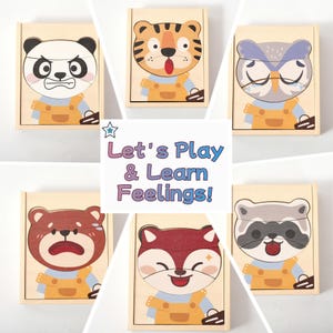 K&ouml;nnte beinhalten: Holzpuzzles mit Tiergesichtern, die verschiedene Emotionen ausdr&uuml;cken. Die Puzzles befinden sich in Holzkisten und zeigen einen Panda, einen Tiger, eine Eule, einen B&auml;ren, einen Fuchs und einen Waschb&auml;ren. Der Text "Let's Play & Learn Feelings!" ist ebenfalls sichtbar.