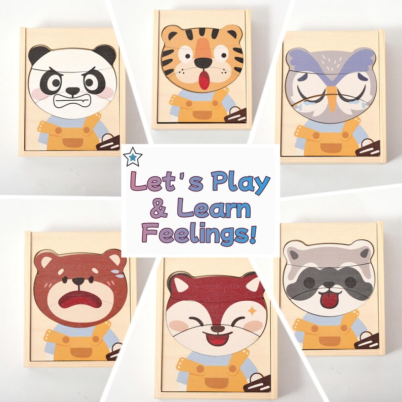 K&ouml;nnte beinhalten: Holzpuzzles mit Tiergesichtern, die verschiedene Emotionen ausdr&uuml;cken. Die Puzzles befinden sich in Holzkisten und zeigen einen Panda, einen Tiger, eine Eule, einen B&auml;ren, einen Fuchs und einen Waschb&auml;ren. Der Text "Let's Play & Learn Feelings!" ist ebenfalls sichtbar.