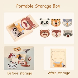 K&ouml;nnte beinhalten: Holzpuzzles mit Tiergesichtern: B&auml;r, Panda, Tiger, Eule, Fuchs und Waschb&auml;r. Die Puzzles werden in einer Holzkiste mit der Aufschrift "Portable Storage Box" aufbewahrt. Das Bild zeigt die Puzzles vor und nach der Aufbewahrung.