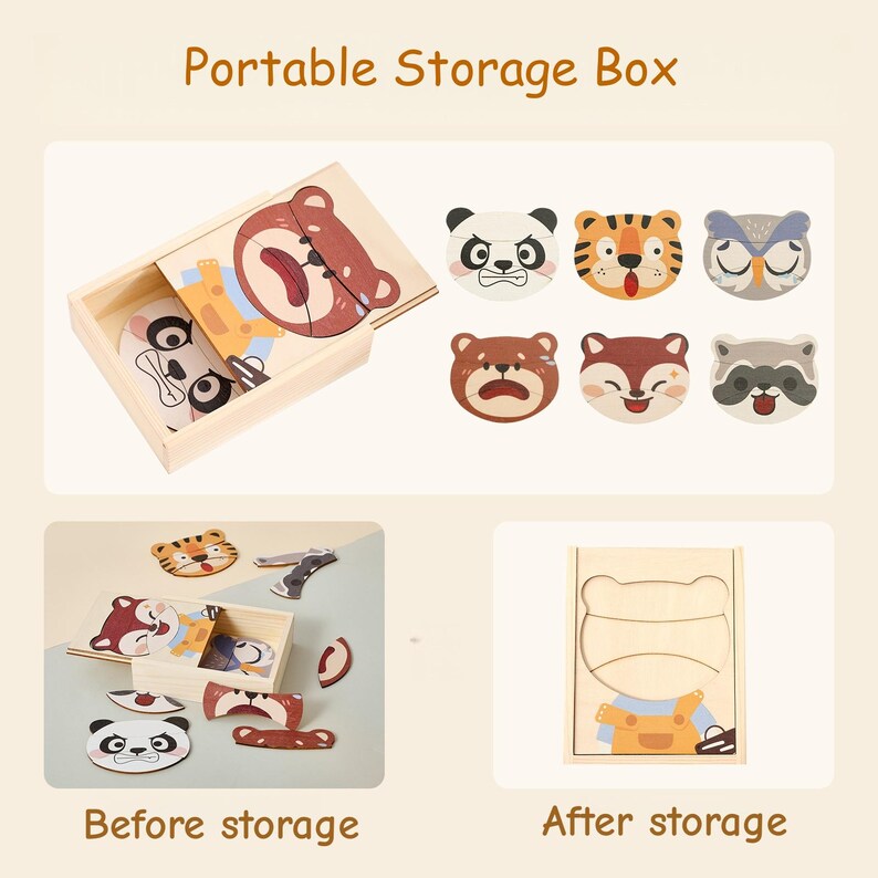 K&ouml;nnte beinhalten: Holzpuzzles mit Tiergesichtern: B&auml;r, Panda, Tiger, Eule, Fuchs und Waschb&auml;r. Die Puzzles werden in einer Holzkiste mit der Aufschrift "Portable Storage Box" aufbewahrt. Das Bild zeigt die Puzzles vor und nach der Aufbewahrung.