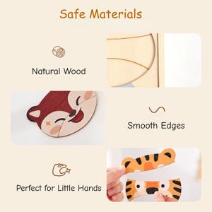 K&ouml;nnte beinhalten: Holzpuzzleteile mit Fuchs- und Tigerdesign. Das Bild enth&auml;lt den Text "Safe Materials", "Natural Wood", "Smooth Edges" und "Perfect for Little Hands". Die Puzzleteile sind aus hellem Holz mit farbenfrohen Illustrationen.
