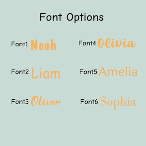 K&ouml;nnte beinhalten: Hellblauer Hintergrund mit dem Text "Schriftoptionen" in Schwarz. Sechs Schriftbeispiele werden gezeigt, jedes mit einem Namen in einem anderen Schriftstil. Die Namen sind Noah, Liam, Oliver, Olivia, Amelia und Sophia.