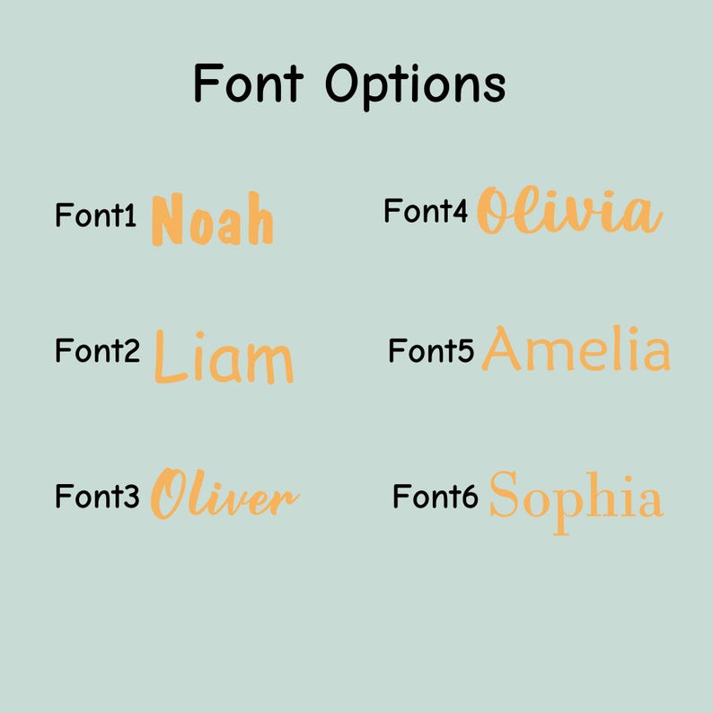 K&ouml;nnte beinhalten: Hellblauer Hintergrund mit dem Text "Schriftoptionen" in Schwarz. Sechs Schriftbeispiele werden gezeigt, jedes mit einem Namen in einem anderen Schriftstil. Die Namen sind Noah, Liam, Oliver, Olivia, Amelia und Sophia.