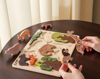 Holztier Puzzle Montessori Lernspielzeug Safari Kinderzimmer Dekor Personalisiertes Baby Geschenk Dschungel Themen Jungle 1