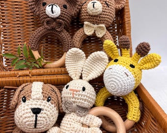 Sonajero de crochet personalizado con forma de animal, sonajero de crochet para bebé con anilla, sonajero de crochet grabado, sonajero de juguete con nombre, juguetes para baby shower, regalo para recién nacido