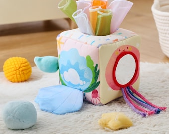 Caja de pañuelos sensorial de sirena para niños pequeños, juguete Montessori para tirar de bufandas, para desarrollar habilidades motoras finas, juego de simulación, regalo para nietos, cumpleaños de recién nacidos.