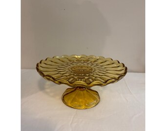 Vintage bärnstensfärgad glaskakfat med vågig kronblad och solbränna, serveringsfat i piedestal