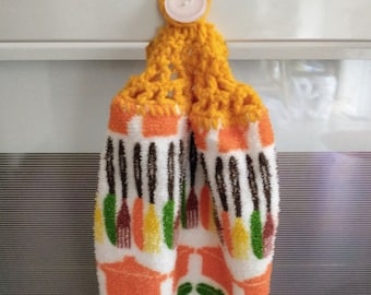 Retro Cotton Orange Yellow Green Brown Pots and Utensils Crochet Top Kitchen Hand Towel FREE SHIPPING