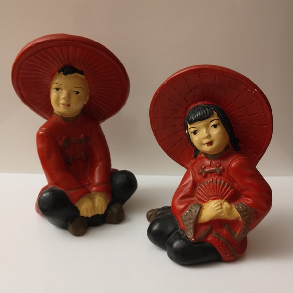 Universal Statuary MId Century Red 1950s Asian Couple Chalkware Figure Set