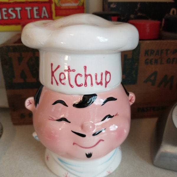 Napco Ceramic 1959 2 Pc Chef Ketchup Jar