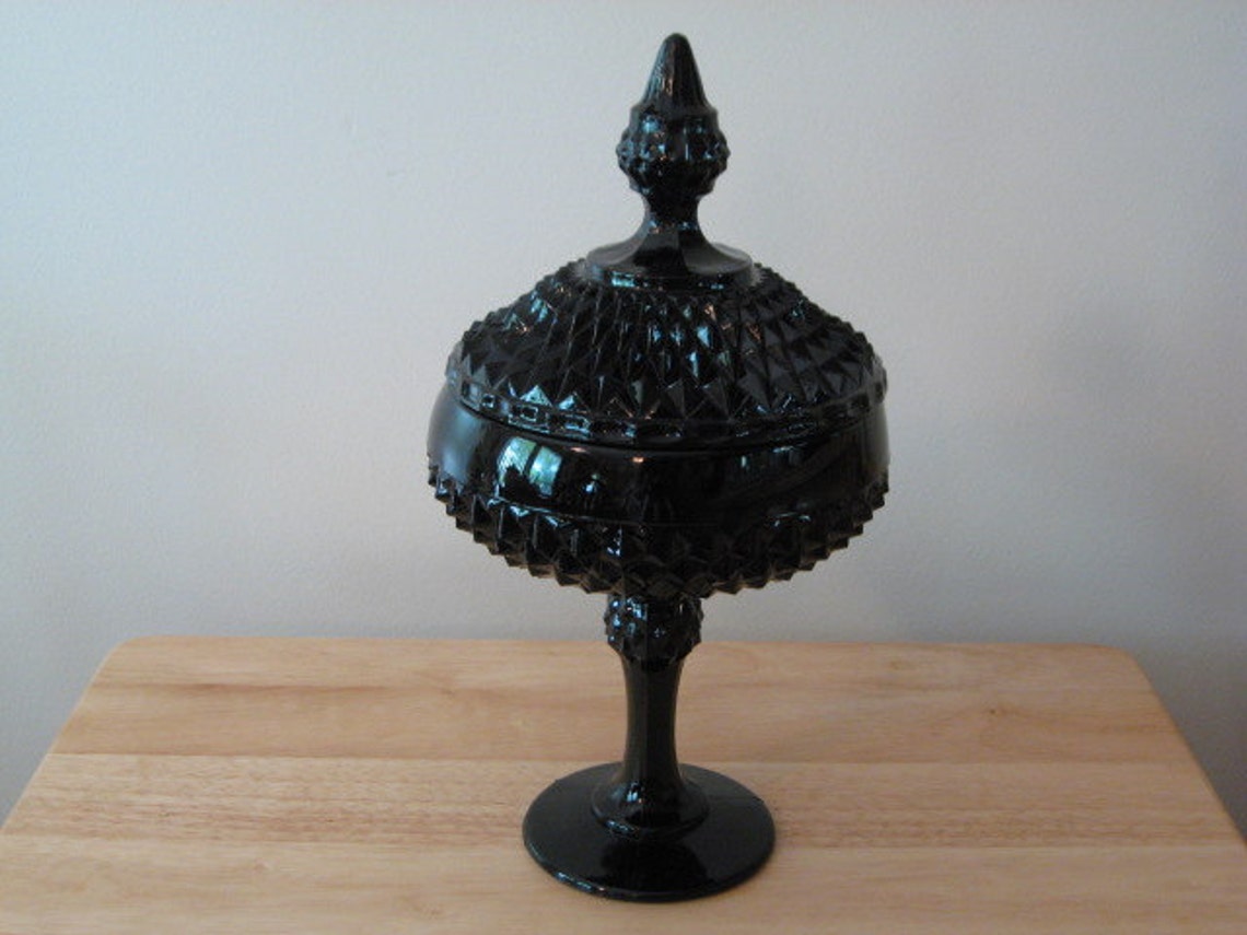 Indiana Glass Tiara Diamond Point Black Cameo Compote Etsy