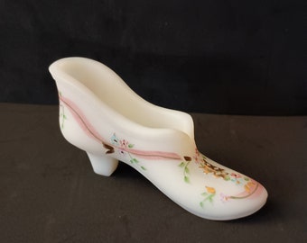 Fenton Glass Satin Matte Opal Pink and Gold Hand Painted Slipper Shoe Signed S. Hopkins