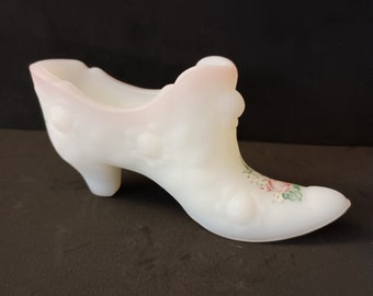 Fenton Cabbage Rose Floral Hand Painted White Satin Glass Shoe S. Davis Signed