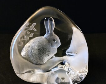 Maleras Mats Jonasson Crystal Block Bunny Rabbit Glass Sculpture Sweden 3552