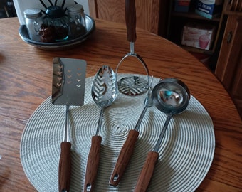 Vtg Ekco Stainless Faux Molded Woodgrain 5 Pc Kitchen Utility Utensil Set