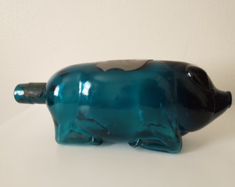 Suffolk Bitters Pig Cognac Teal Blue Glass Liquor Bottle with Coat of Arms Badge 1970s Free Shipping