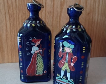 Gullaskruf Glasbruk Sweden 1930s Hugo Gehlin Design Blue Glass Hand Painted Schnapps Bottle Set