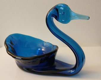 RESERVED Viking Glass 1970s Bluenique Flat Head Swan Dish 7271