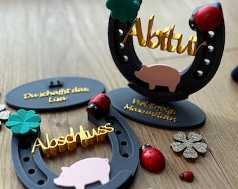 Diploma-uitreiking middelbare school, Nieuwjaar, geluksbringer, bachelordiploma, gepersonaliseerd cadeau, hoefijzer, naam, lieveheersbeestje, geluk, succes, examen, afgestudeerde, oudejaarsavond