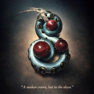 May include: A teal-colored pendant with three red orbs and brass-colored accents, suspended by a natural fiber cord. The text "TRICALLER" and "SOVEREIGN RELIC EDITION" are at the top. The text "A sunken crown, lost to the abyss" is below the pendant.