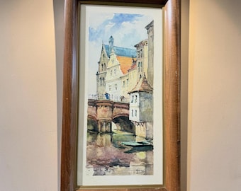 Vintage Fleck Bros Framed European Canal Scene Print Signed Marc 25x13.5