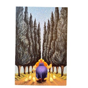 May include: A whimsical painting depicts a person in an orange shirt and purple apron, leading a flock of white geese down a path. Tall, dark trees line the path, creating a tunnel effect. The sky is a light blue with a dotted pattern.