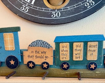 Vintage Folk Art Train Coat Rack – Proverbs 22:6 Nursery Decor