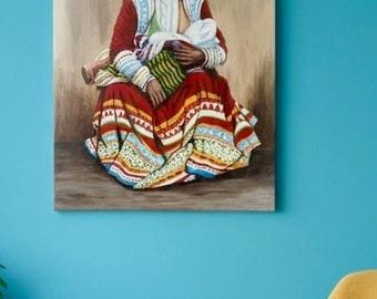 Stan Peterson Signed Andean Mother Nursing Baby Painting 20x16