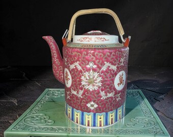Vintage Jingdezhen Mun Shou Teapot Rattan Wrapped Handle Pink Porcelain
