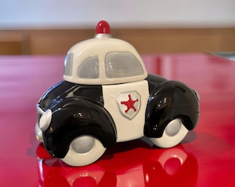 Vintage Ceramic Police Car Cookie Jar Black White Cop Car Treat Jar