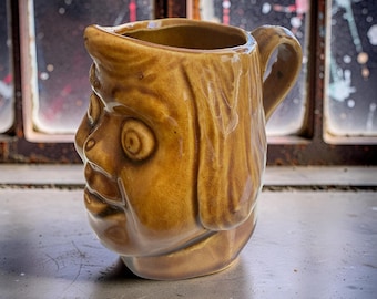 Vintage Small Character Face Mug Brown Glazed Folk Art Pottery Pitcher