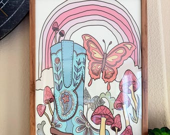 Boho Cowgirl Boot Rainbow Butterfly Framed Wall Art 12x18 Sapna Shah