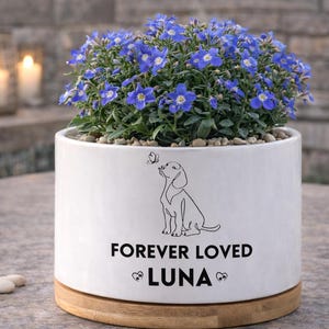 Puede incluir: Maceta de cerámica blanca con base de madera, llena de flores azules y pequeñas piedras. Un dibujo lineal negro de un perro y una mariposa está en el frente, con el texto "FOREVER LOVED LUNA".