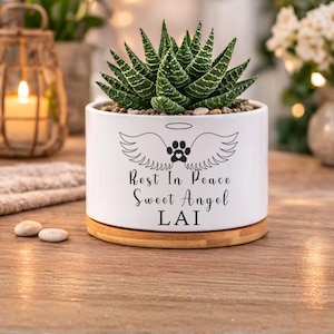 Puede incluir: Una maceta de cerámica blanca con una planta suculenta. La maceta tiene una base de madera y presenta el texto "Rest In Peace Sweet Angel LAI" con alas de ángel y un diseño de huella de pata.