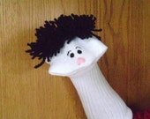 Black Haired Boy Sock Puppet appliqued mouth yarn hair hand painted face Puppets by Margie