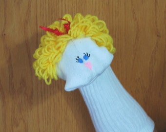 Girl Sock Puppet curly blond yarn hair from Puppets by Margie