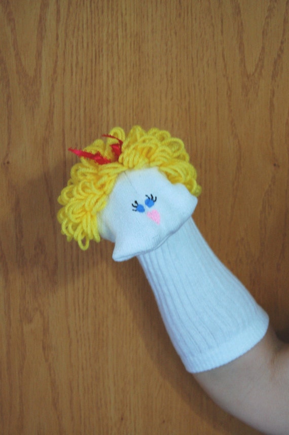 Curly blond yarn hair blue eyes Girl Sock Puppet from Puppets Etsy