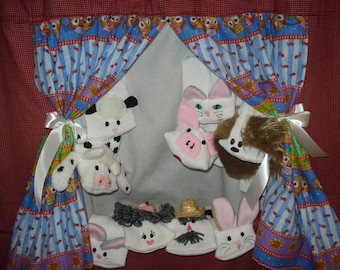 Puppet Theater Stage with 9 Sock puppets included - portable performance classroom aid fun at home  back yard perform pretend