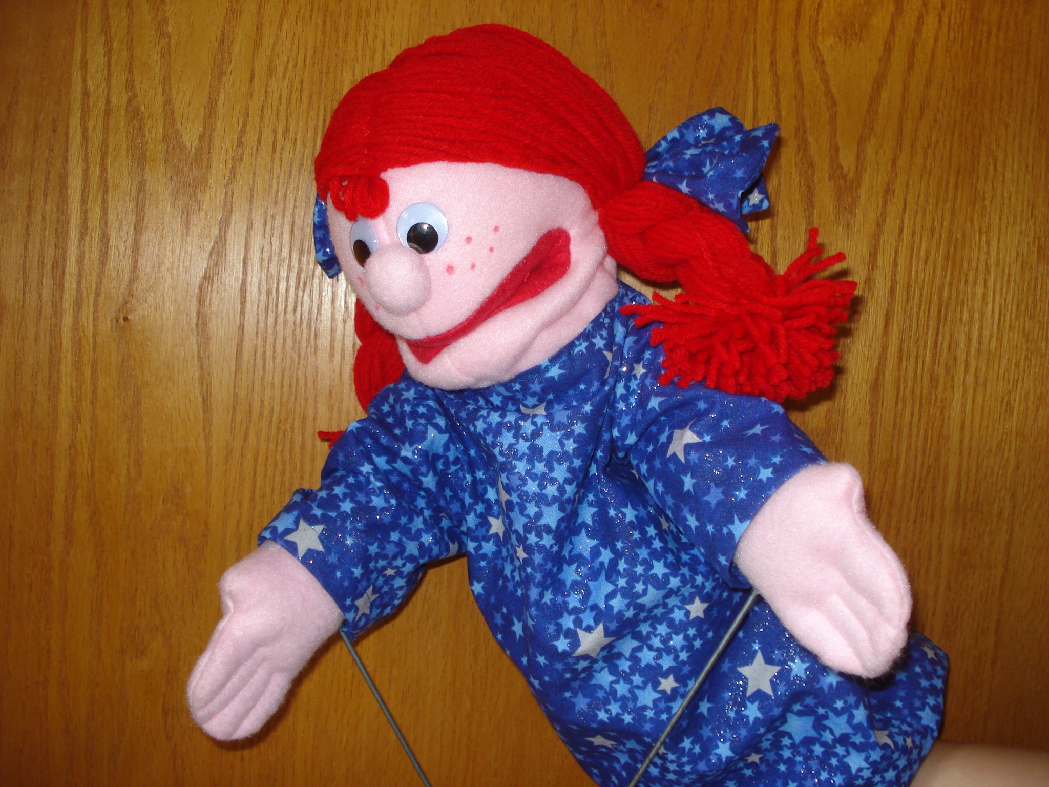 Girl hand puppet movable mouth red yarn braids 18 inches tall Etsy Nederland