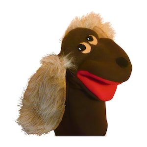May include: Brown hand puppet with a red mouth, brown fur, and two large black eyes. The puppet has a long, furry brown ear on the left side.