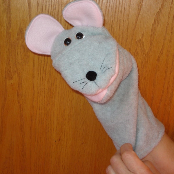 Grey Mouse hand puppet pink mouth hand made telling classroom