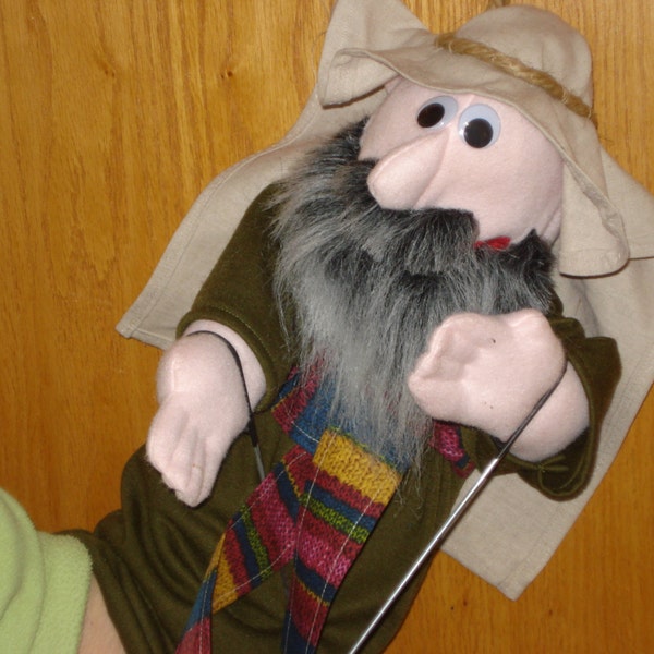 Bibllical man   hand puppet grey mustache and beard moveable mouth arm rods adult size