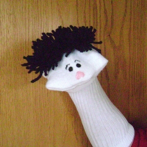 Handmade Black Haired Boy Sock Puppet: Yarn Hair, Appliqued Mouth