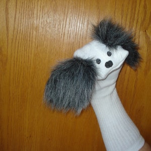 dog sock puppet grey faux fur ears interactive toy puppets social skills visual aid vip kids speech therapy